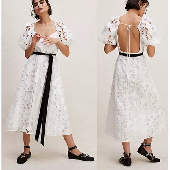 ANTHROPOLOGIE FOR LOVE AND LEMONS WHITE EMBROIDERED LACE MIDI DRESS Small - Picture 4 of 16